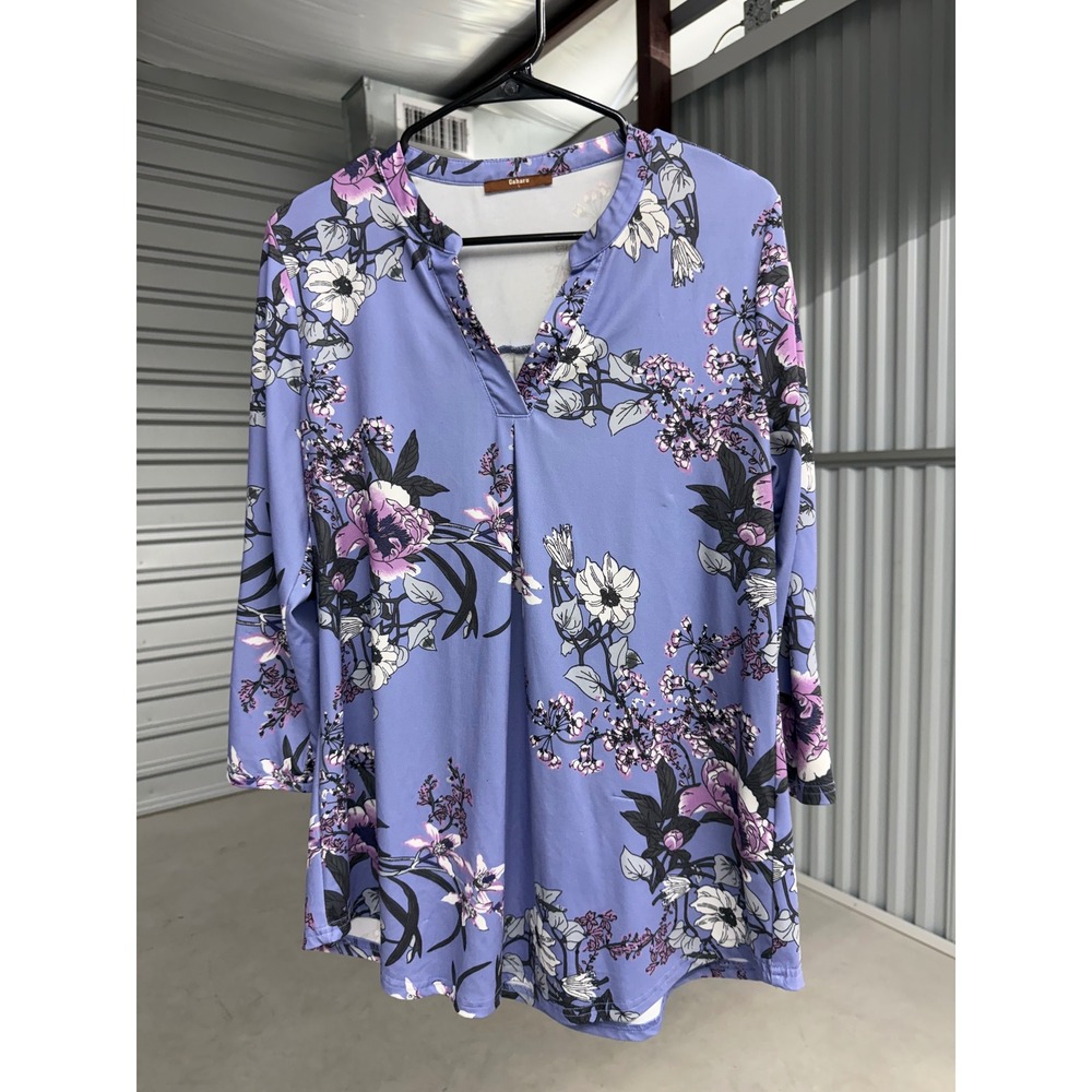 Gaharu Floral Tunic Top Purple Periwinkle 3/4 Sleeve V-Neck Blouse Large